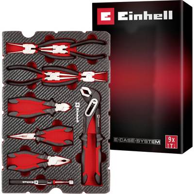 Un kit d'outils aux poignées rouges soigneusement rangés dans un étui à côté d'une boîte étiquetée « Système Einhell E-Case 9x ».