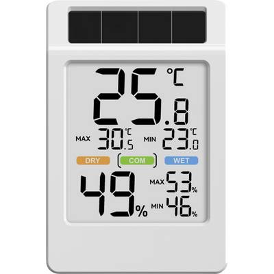 Thermomètre-hygromètre numérique affichant 25,8°C et 49% d'humidité, avec des lectures de température et d'humidité maximales/minimales ainsi que des indicateurs sec, confort et humide.