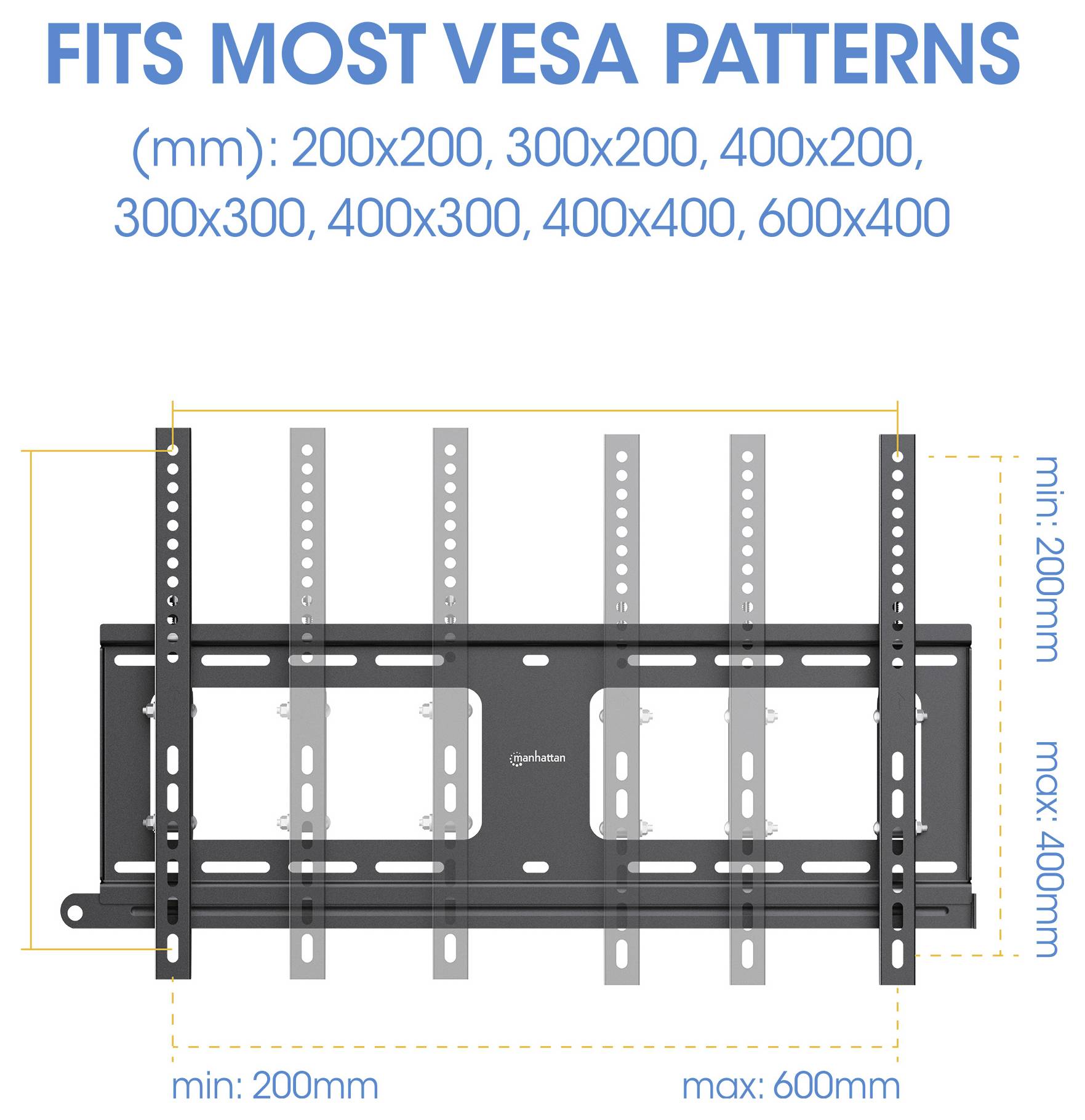 Diagramme de montage mural montrant la compatibilité VESA : 200x200, 300x200, 300x300, 400x200, 400x300, 400x400, 600x400 mm.