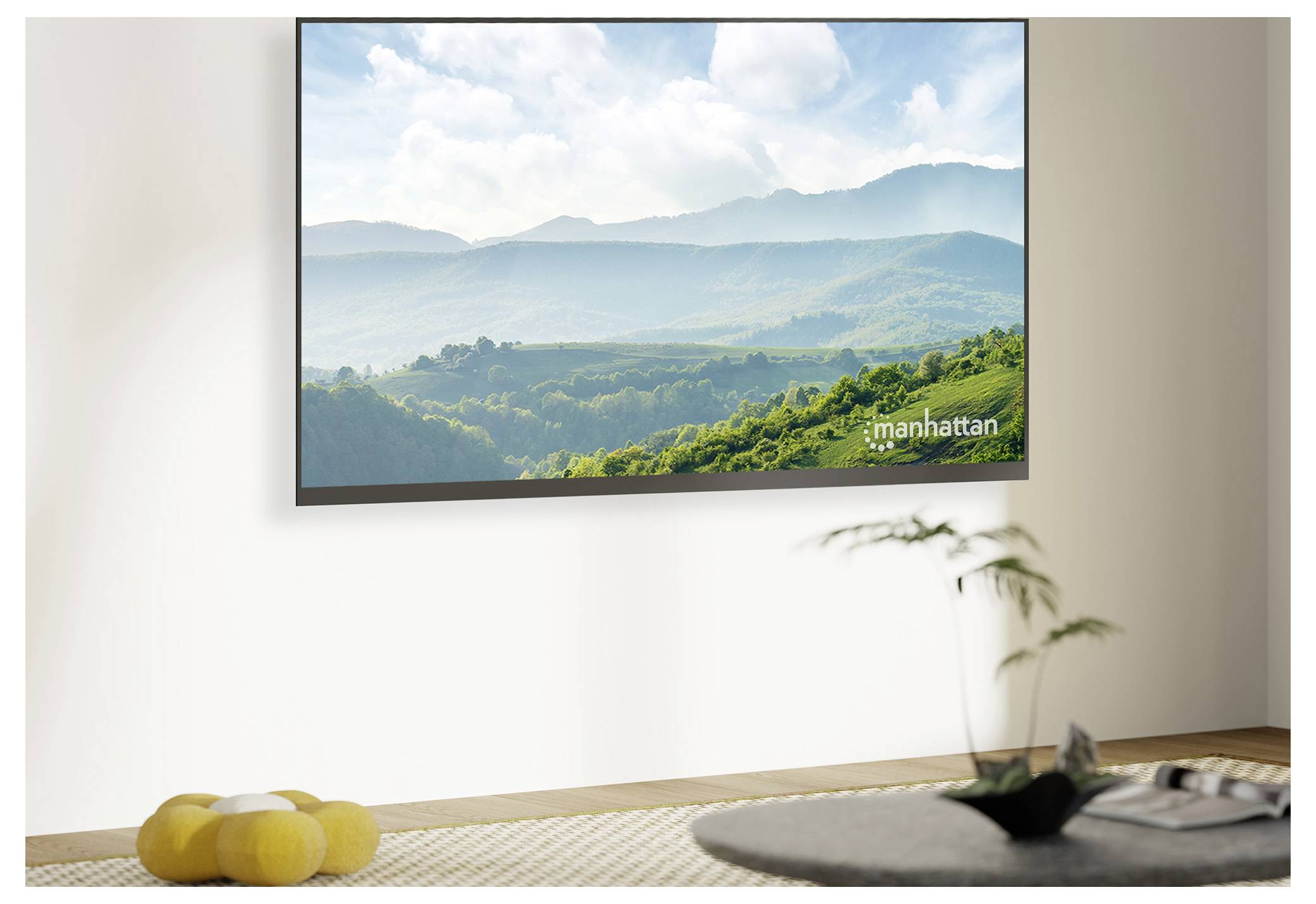 Un téléviseur à écran plat affiche un paysage montagneux pittoresque avec une végétation luxuriante.