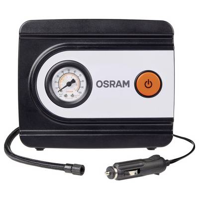 'Gonfleur de pneus portable OSRAM avec manomètre, bouton d'alimentation et prise allume-cigare de voiture. Design compact pour un rangement et une utilisation faciles.'