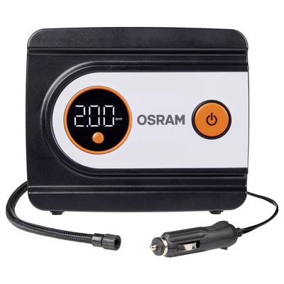 Gonfleur de pneus portable affichant « 2.80 BAR » avec un bouton d'alimentation orange et une prise allume-cigare automobile.