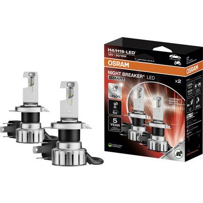 Emballage des projecteurs automobiles « OSRAM Night Breaker LED » et deux ampoules LED. Points forts : 12V, 20/19W, jusqu'à 330% plus lumineux, garantie 5 ans.