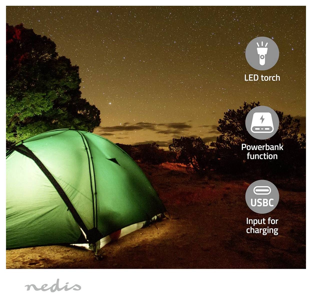 Une tente verte dans un décor de nuit étoilée avec des icônes indiquant « Lampe torche LED », « Fonction batterie externe » et « Entrée USB-C pour la recharge ».