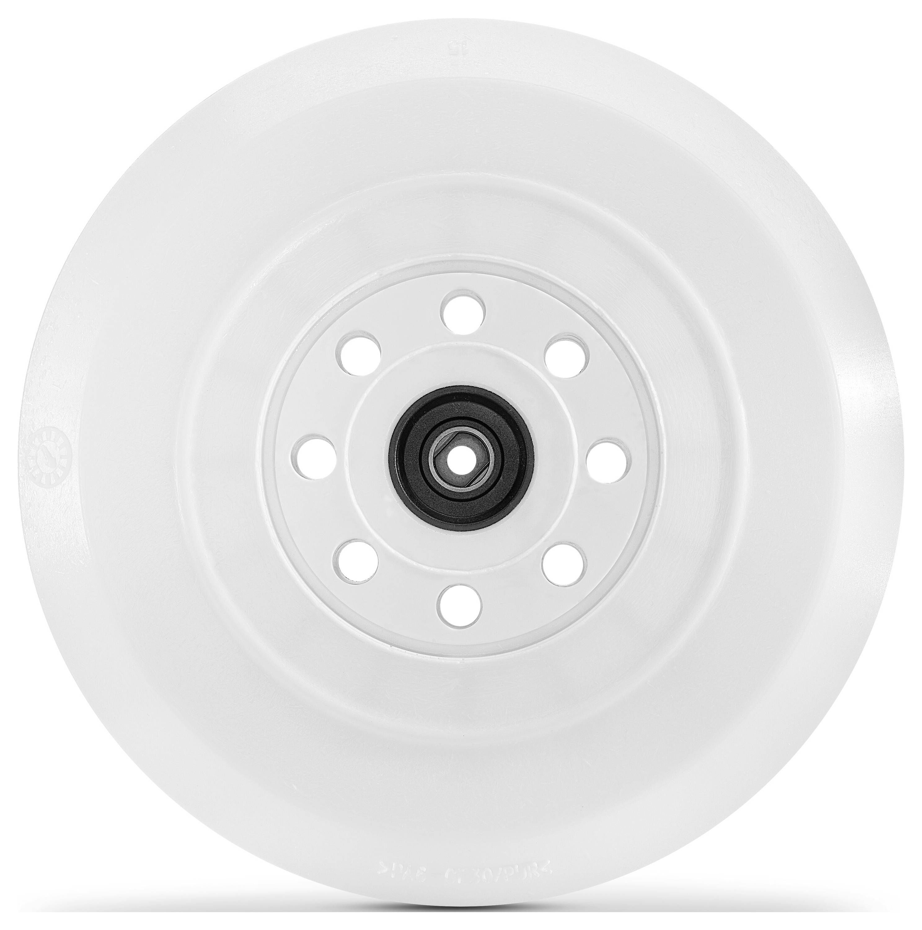 Une roue pivotante circulaire blanche avec un centre noir et six trous autour d'elle, vue de face, montrant son design symétrique.