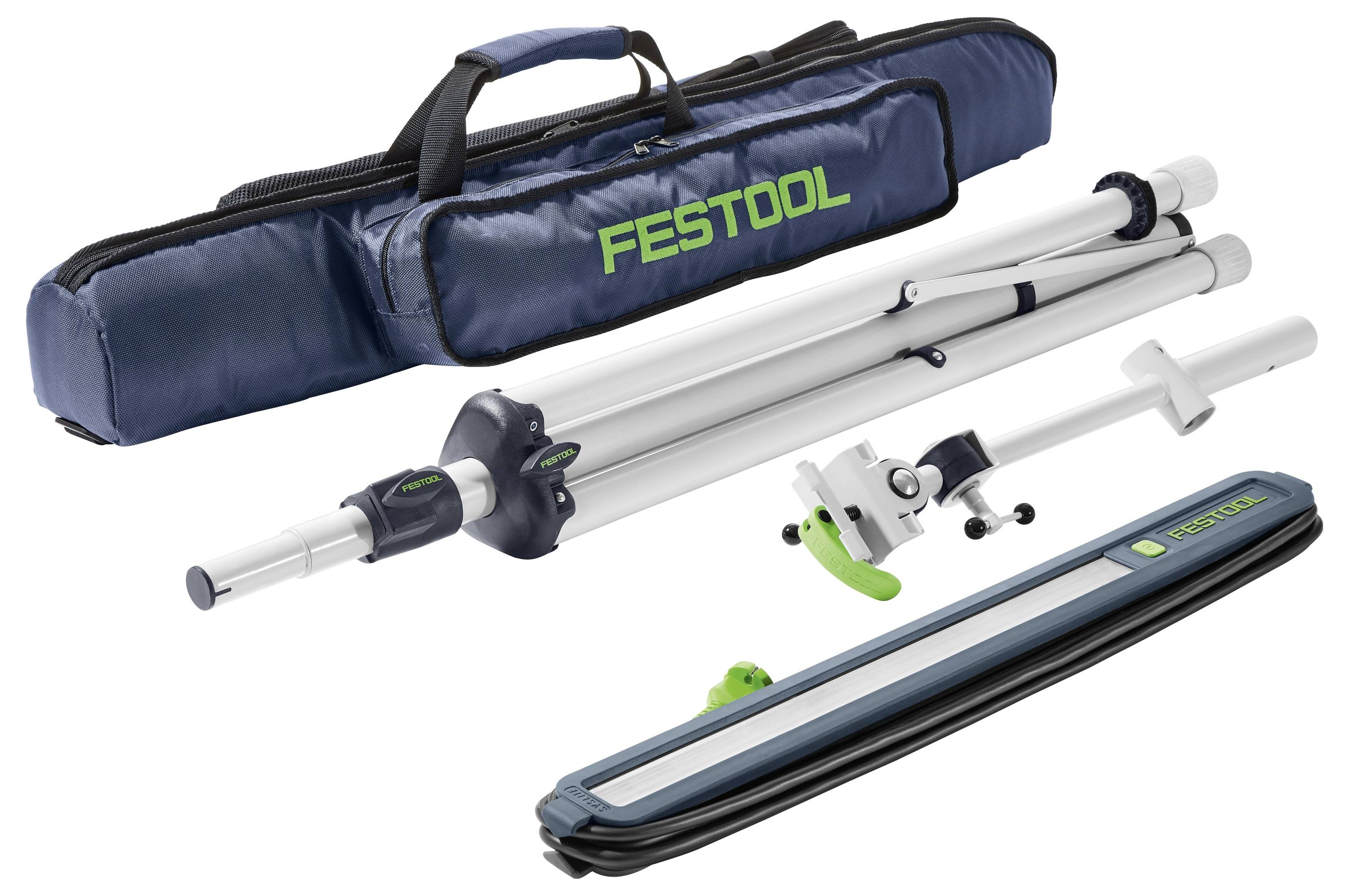 Kit d'outils « Station totale » pour la construction avec étui de transport. Comprend un trépied repliable et des composants de mesure extensibles conçus pour une utilisation précise sur les chantiers.