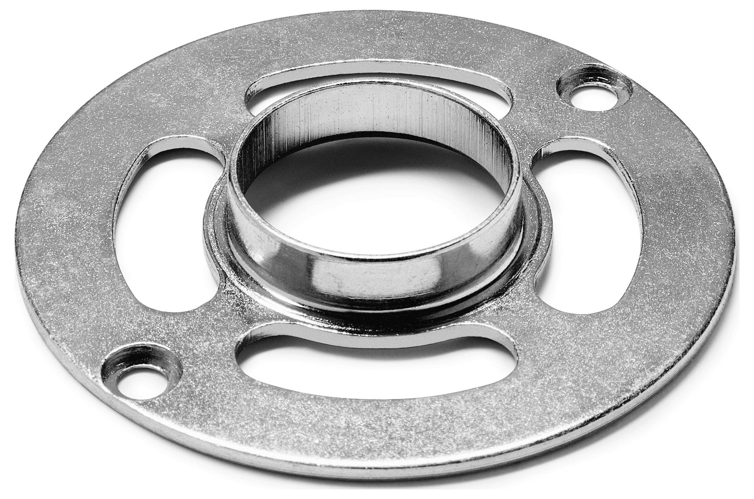 Un support de montage métallique circulaire avec un trou central, deux fentes de chaque côté, et deux petits trous pour vis, utilisé pour sécuriser les composants.