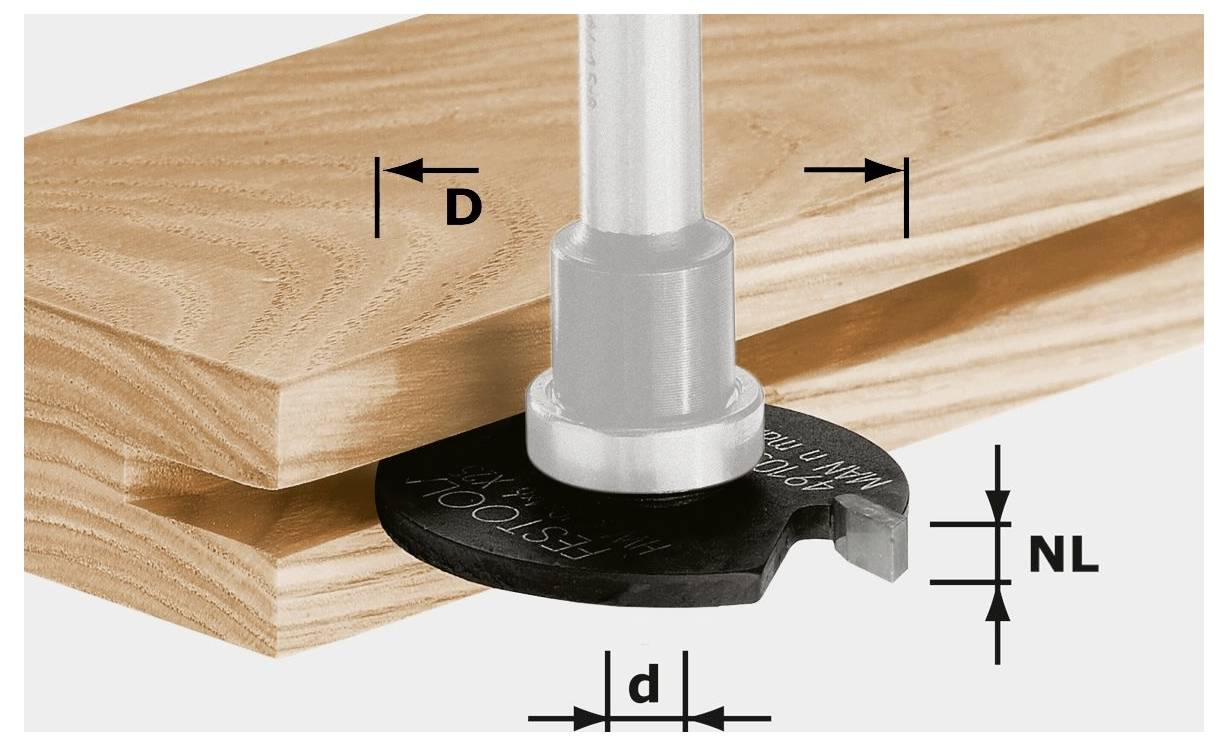Une fraise de routeur rainure le bois, présentant les dimensions : profondeur (D), diamètre (d), et longueur d'entaille (NL). Convient pour le travail du bois de précision.