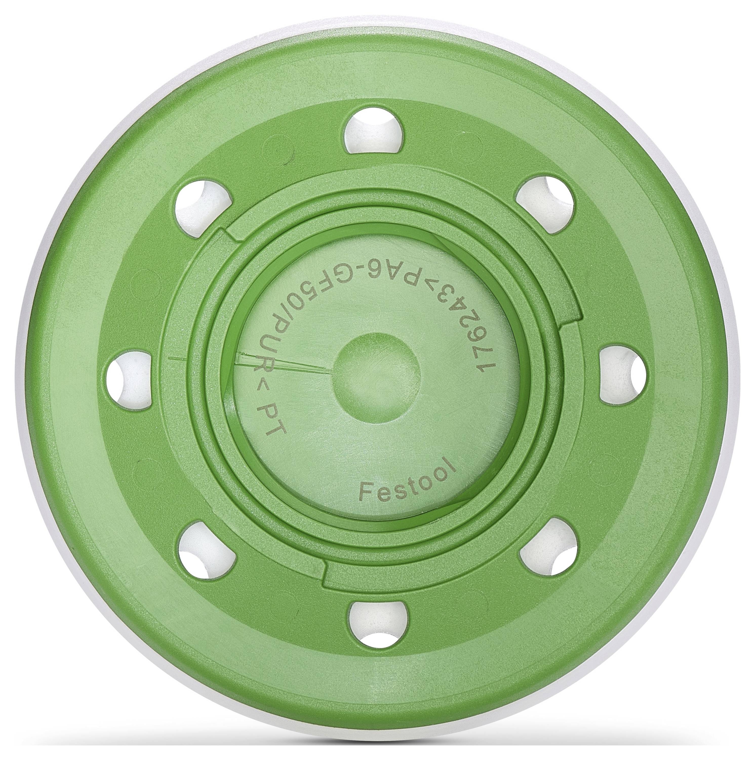 Un outil circulaire vert marqué « Festool » et portant divers numéros de série, présentant des trous et des rainures.