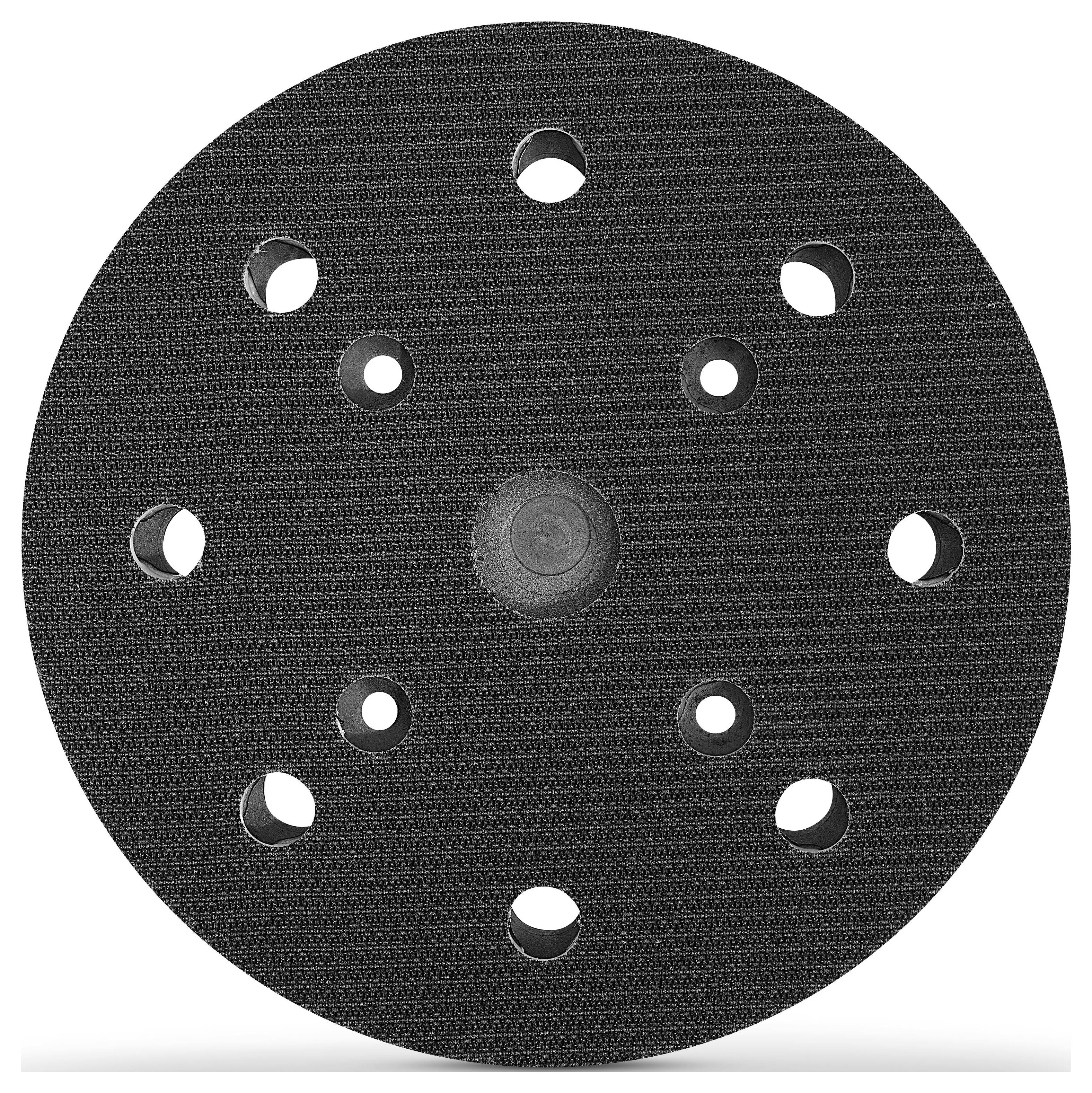 Un disque de ponçage circulaire noir avec neuf trous régulièrement espacés, conçu pour être attaché à une ponceuse électrique afin de permettre l'extraction de la poussière.