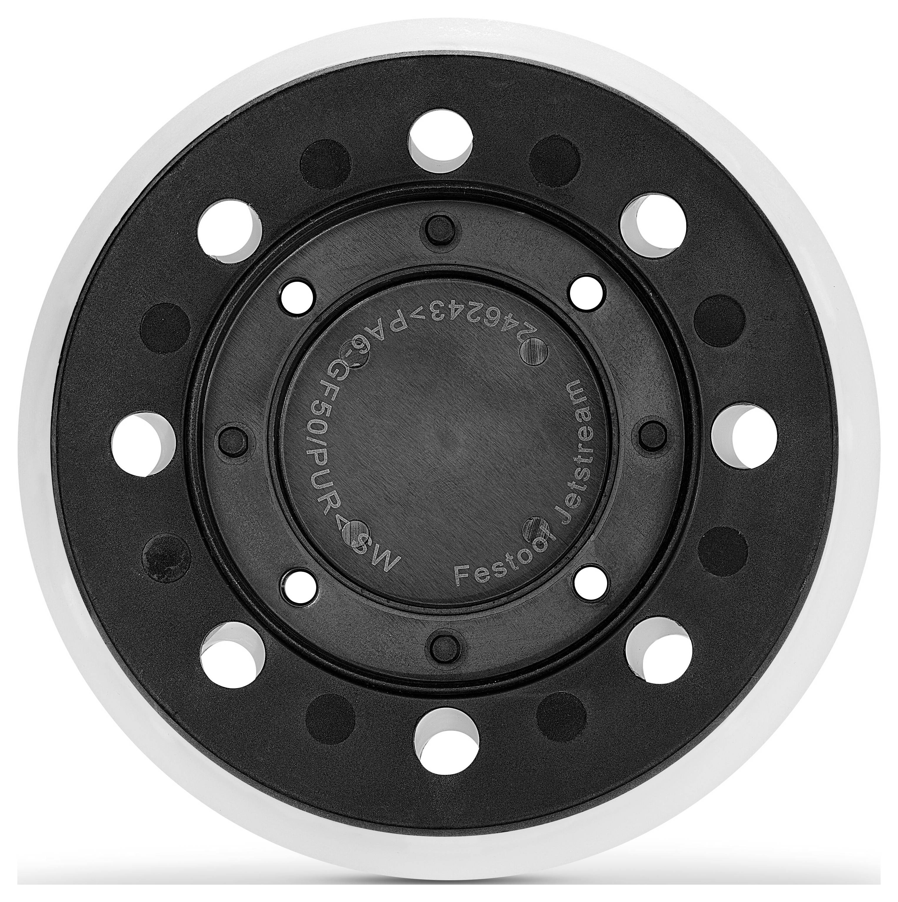 Un tampon de ponçage Festool Jetstream noir avec plusieurs trous et des détails de produit gravés dessus, vu de dessus.
