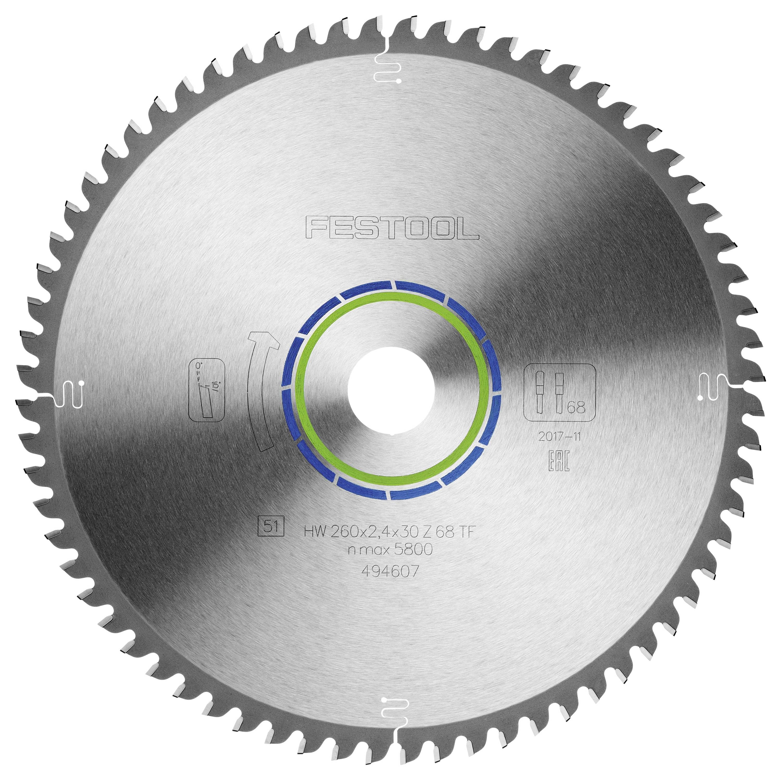 Festool HW 260x2,4x30 TF68 494607 Lame de scie circulaire 260 x 30 x 1.80 mm Nombre de dents: 68 1 pc(s)-1
