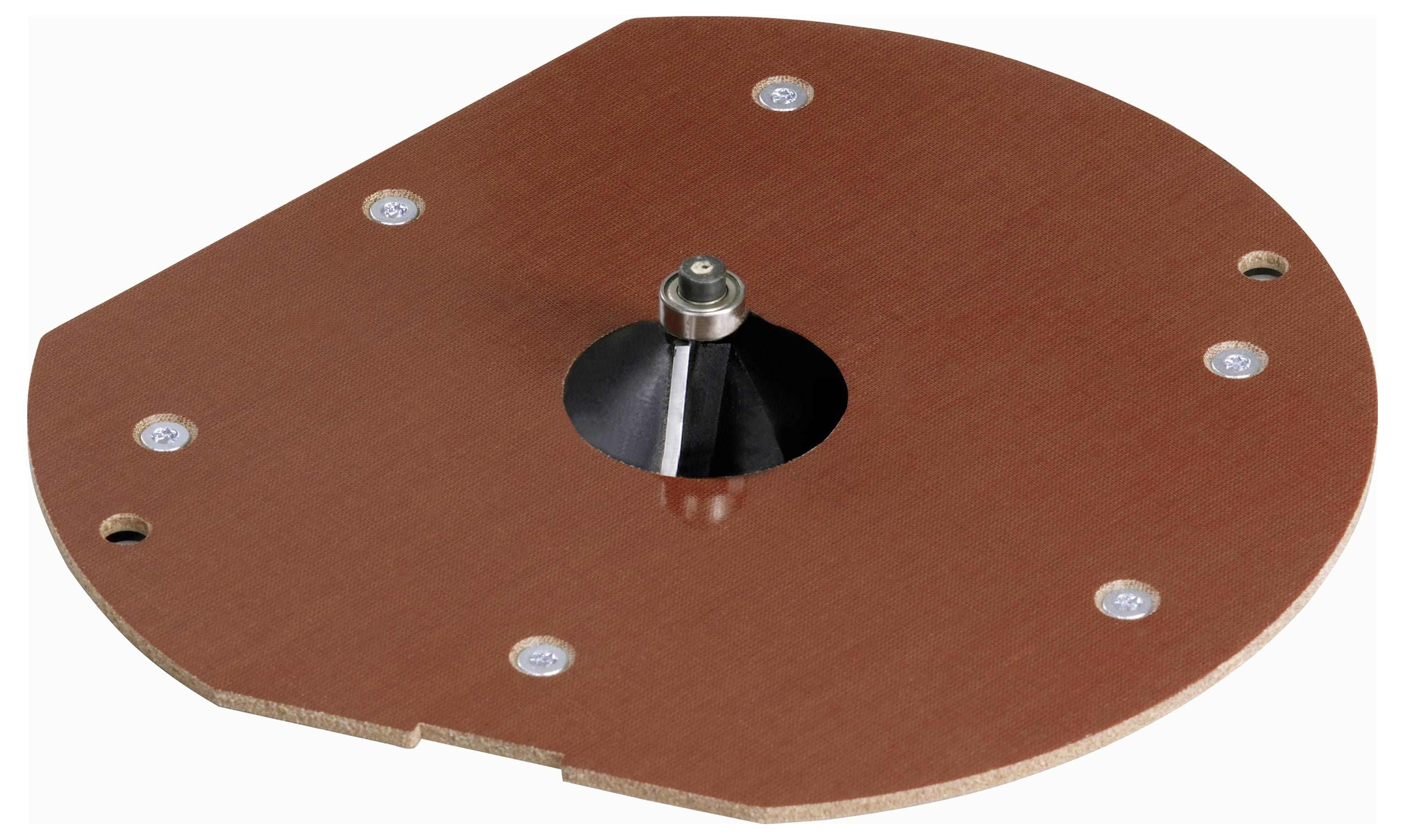 Une plaque d'insertion de table de routeur circulaire de couleur marron avec un trou central et un roulement métallique attaché au milieu, entouré de six vis.