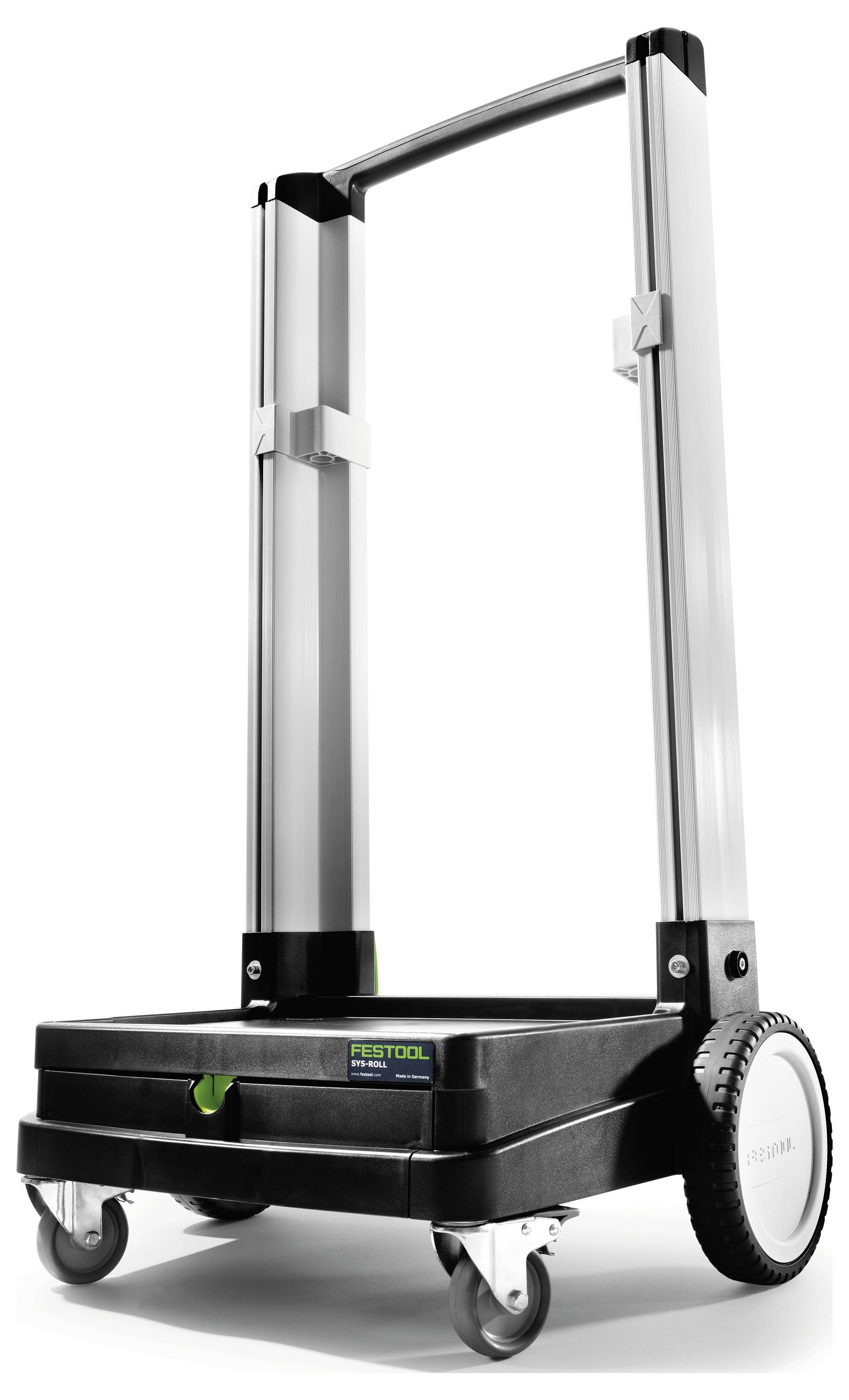 Chariot mobile avec un cadre robuste, de grandes roues arrière et de plus petites roues avant, conçu pour le transport d'outils ou d'équipements lourds.