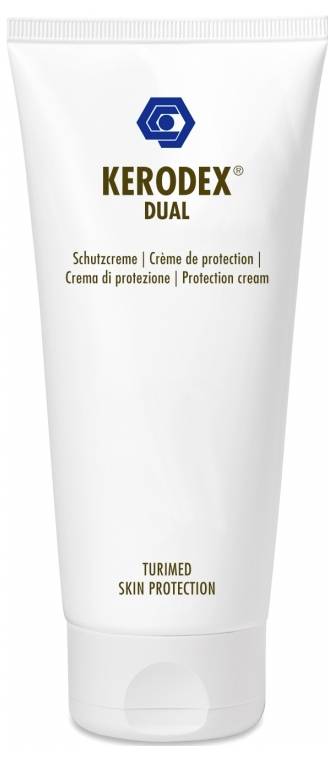 Un tube blanc portant l'inscription « KERODEX DUAL » et « Crème protectrice » sur le devant. Produit pour la protection de la peau.