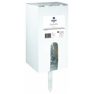 Un distributeur blanc pour savon liquide ou désinfectant avec bec verseur visible ; étiquette portant « KERODEX DUA » et d'autres informations.