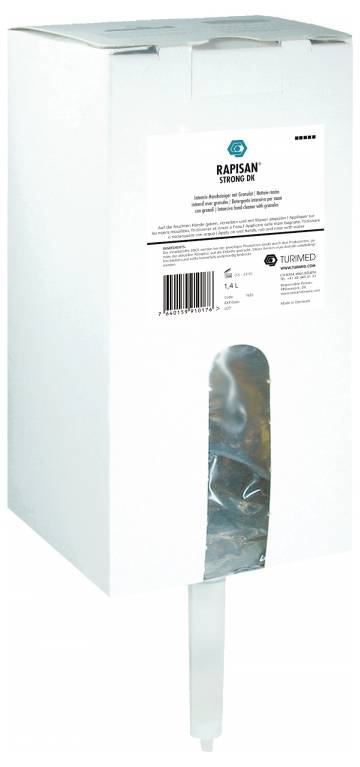 Distributeur de savon en carton blanc, partiellement transparent, avec étiquette 'Rapisan'.