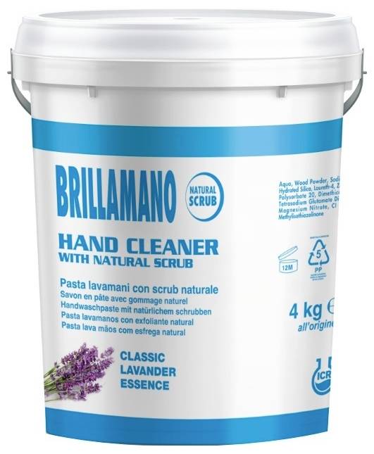 Un seau blanc portant l'inscription « BRILLAMANO Hand Cleaner with Natural Scrub ». Contient une essence gommante naturelle, parfum de lavande, 4 kg.