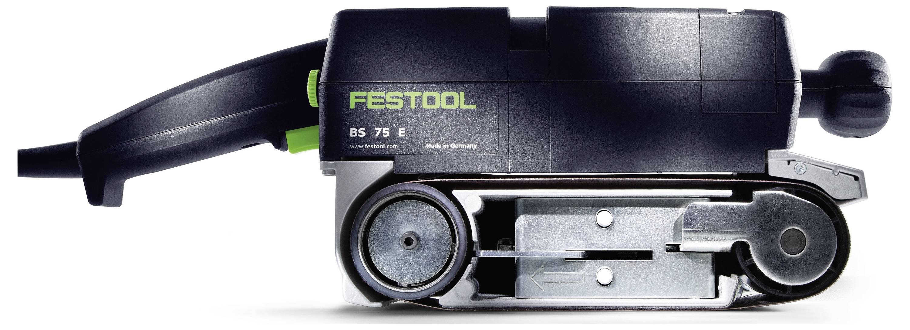 Un ponceuse à bande Festool BS 75 E, vue de côté, mettant en avant son design compact et son boîtier noir.