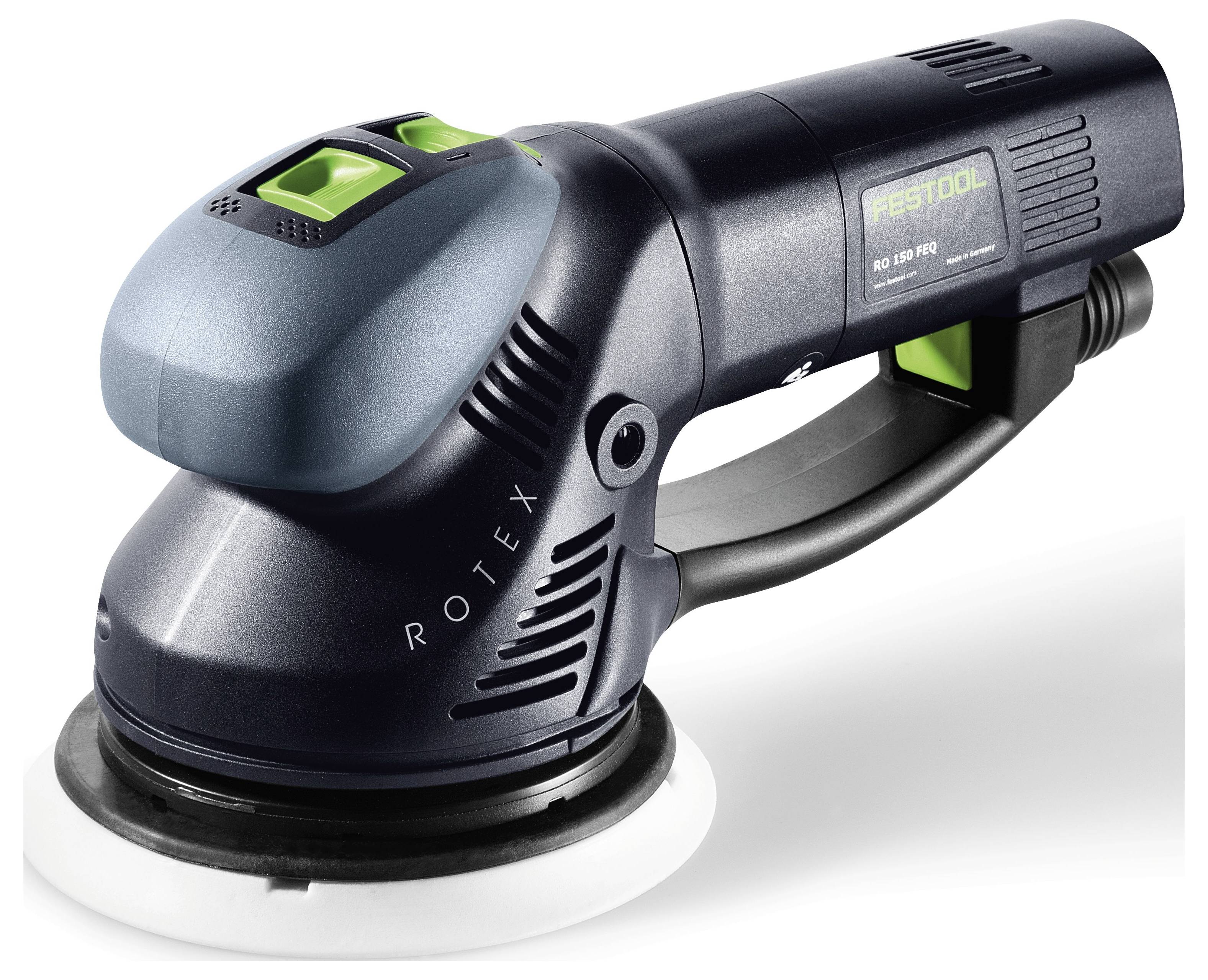 Un ponceuse professionnelle Festool ROTEX RO 150 noire et verte avec un disque de ponçage blanc, présentée en vue de profil.