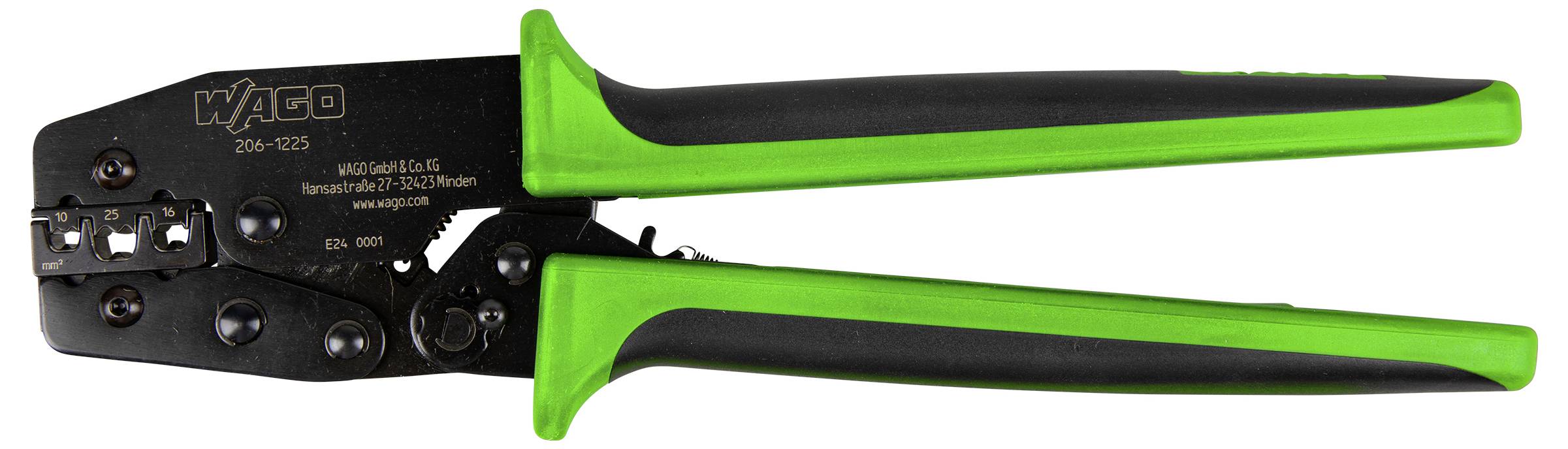 Un outil de sertissage noir et vert avec la marque « WAGO » sur la poignée, conçu pour connecter les fils électriques.