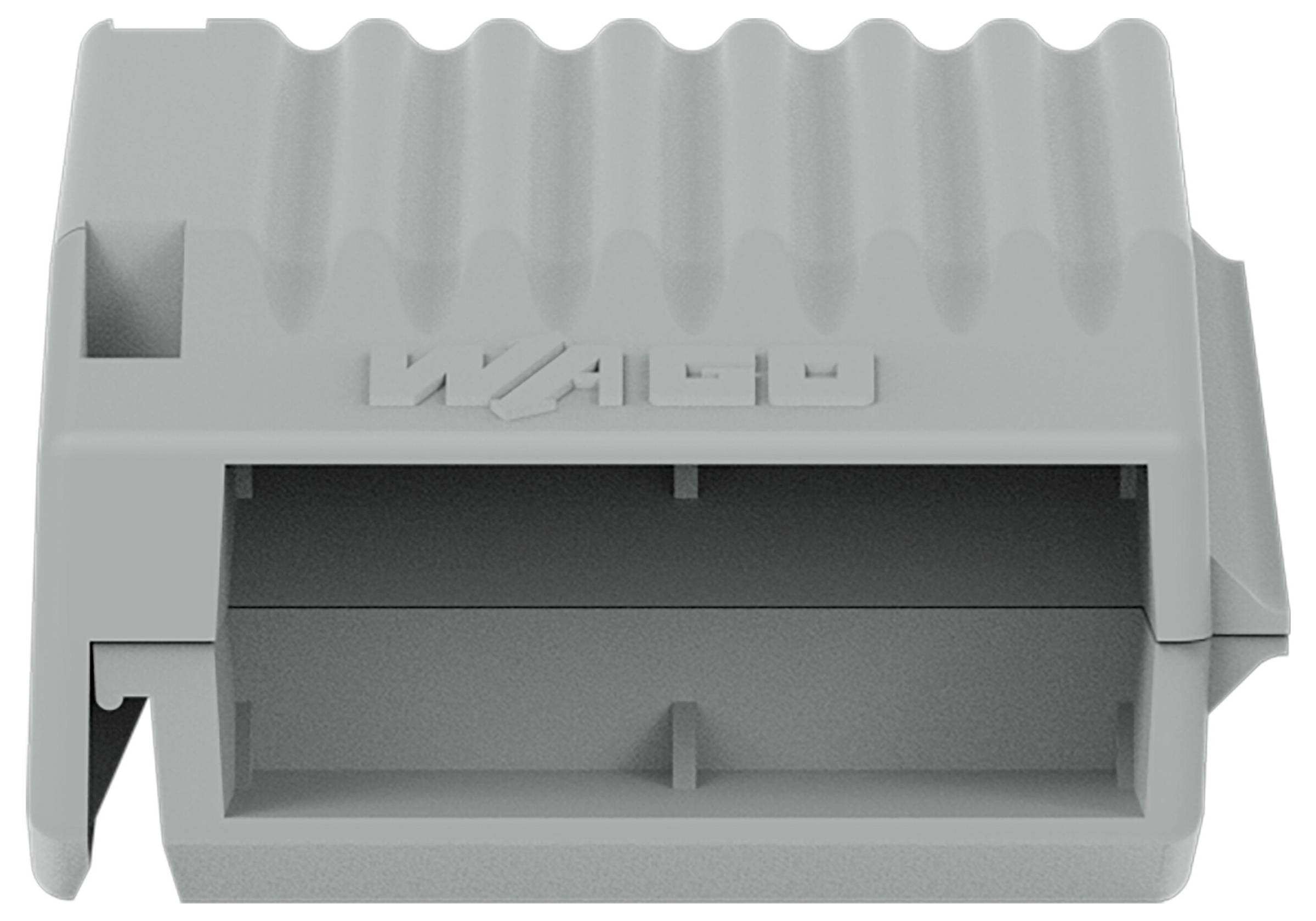 Un composant en plastique gris avec une ouverture rectangulaire et une surface supérieure nervurée, probablement utilisé dans les assemblages électriques ou électroniques.
