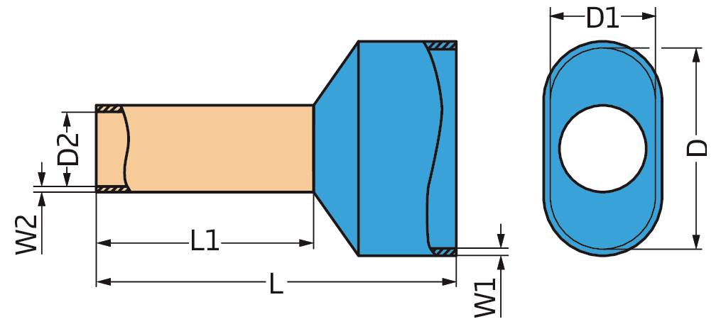 'Schéma d'un composant mécanique avec dimensions marquées : L, L1 pour la longueur, D, D1, D2 pour les diamètres, W1, W2 pour les largeurs, en vue de côté et vue de dessus.'