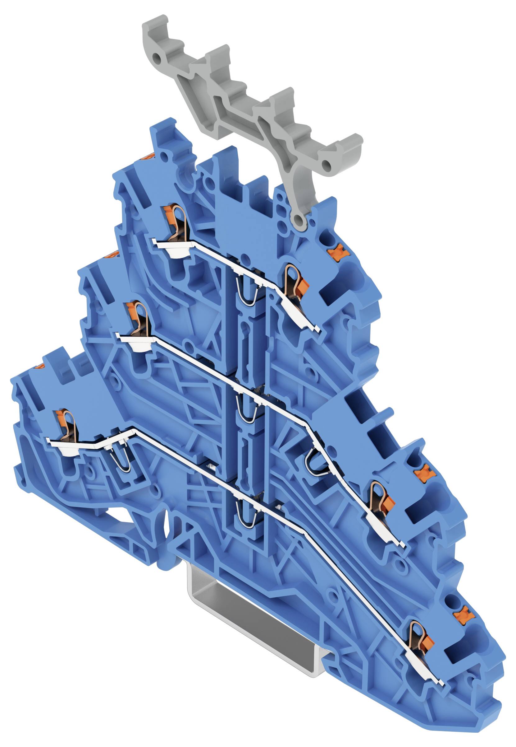 Un bloc de bornes électriques bleu montrant le câblage interne et les connecteurs, conçu pour une connexion de circuit efficace et une organisation optimale.
