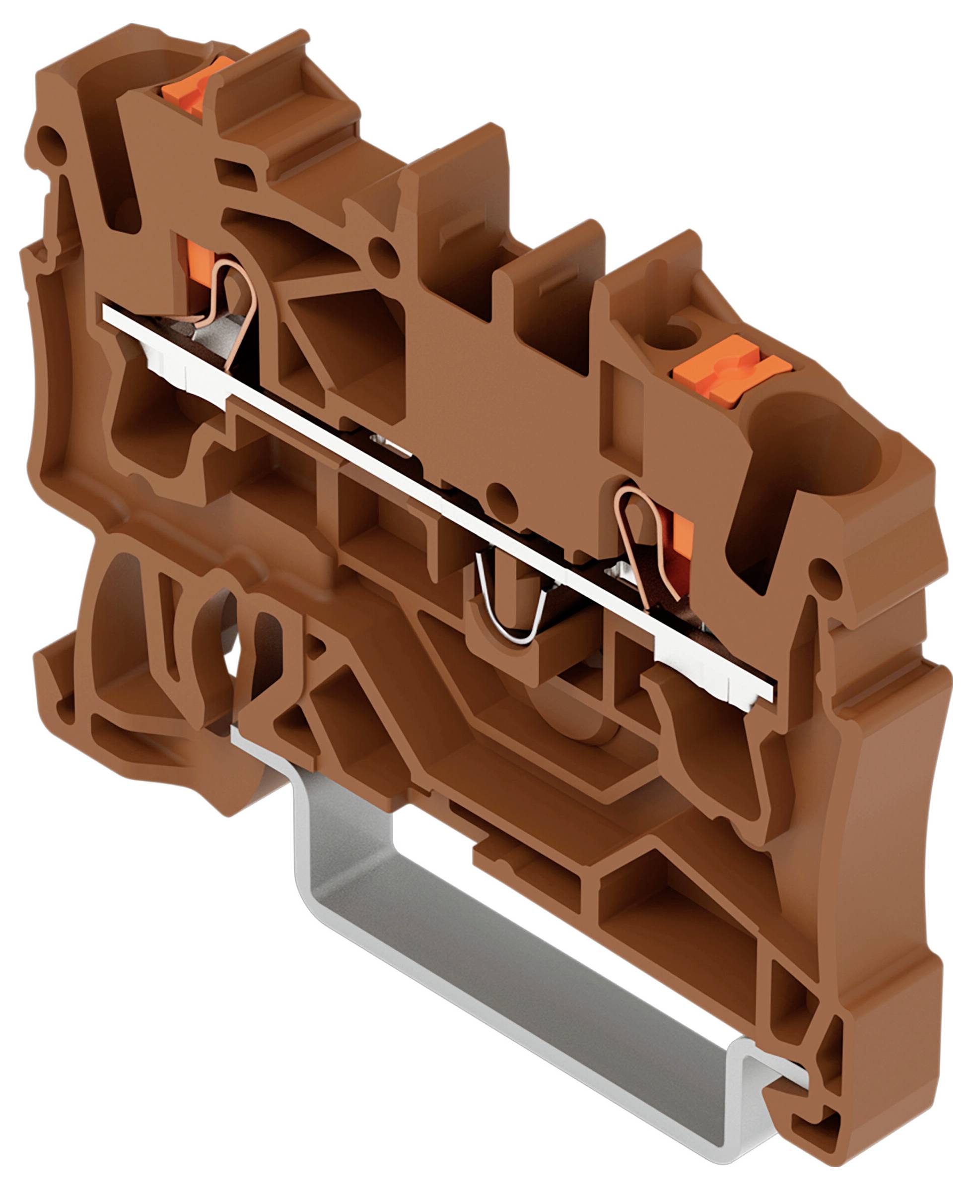 Un bloc de bornes modulaire brun avec des conducteurs métalliques internes, conçu pour les connexions électriques dans les installations de circuits.