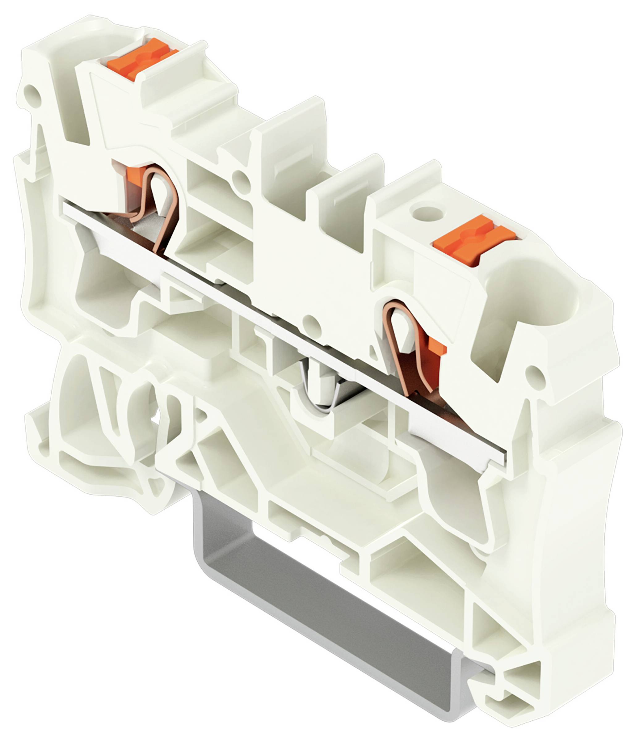 Gros plan d'un bloc terminal électrique blanc en plastique avec des connecteurs métalliques et des actionneurs orange.