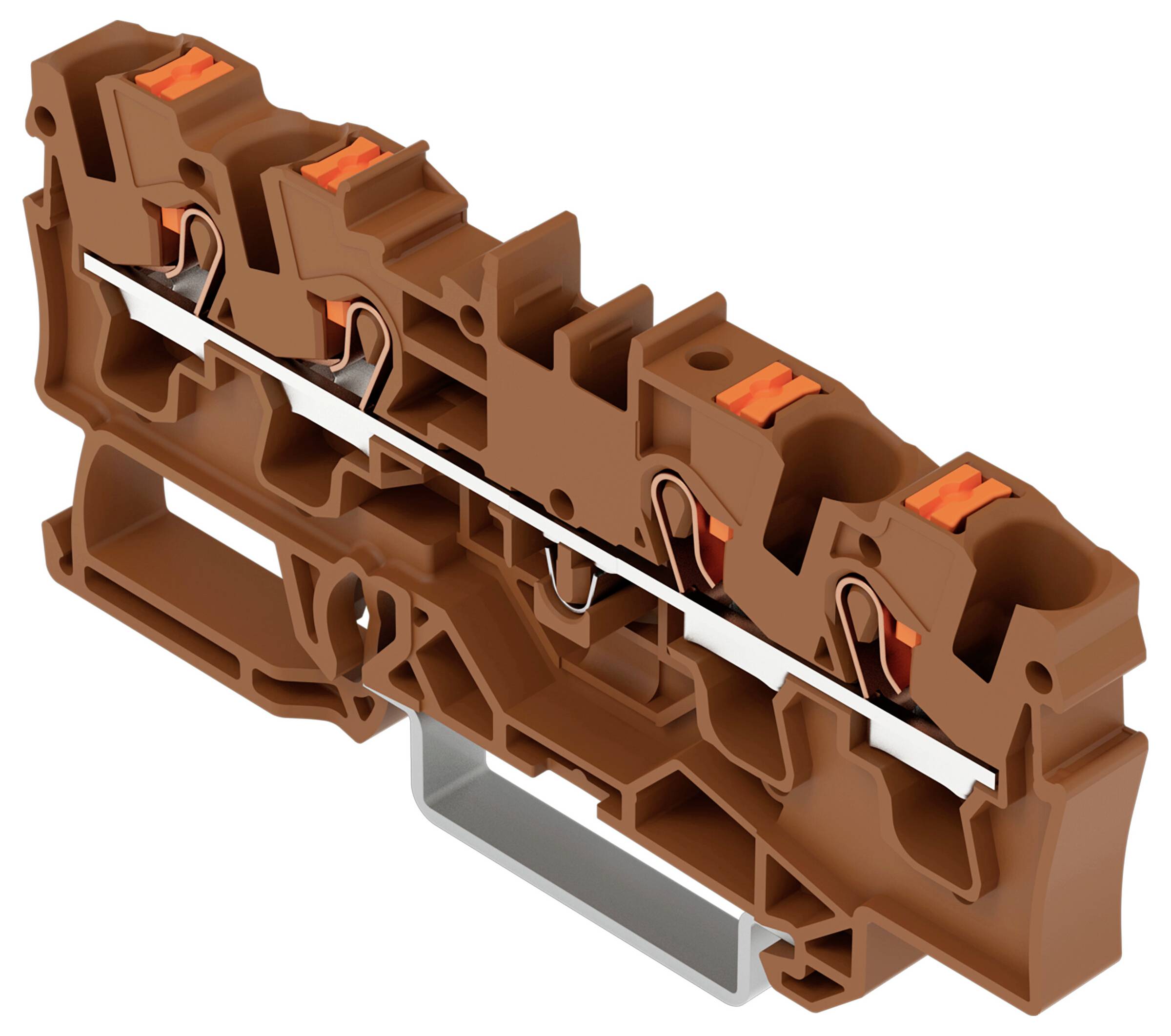 Un bloc de bornes multi-niveaux de couleur marron avec des leviers orange et des connecteurs métalliques, utilisé pour fixer et organiser les fils électriques.