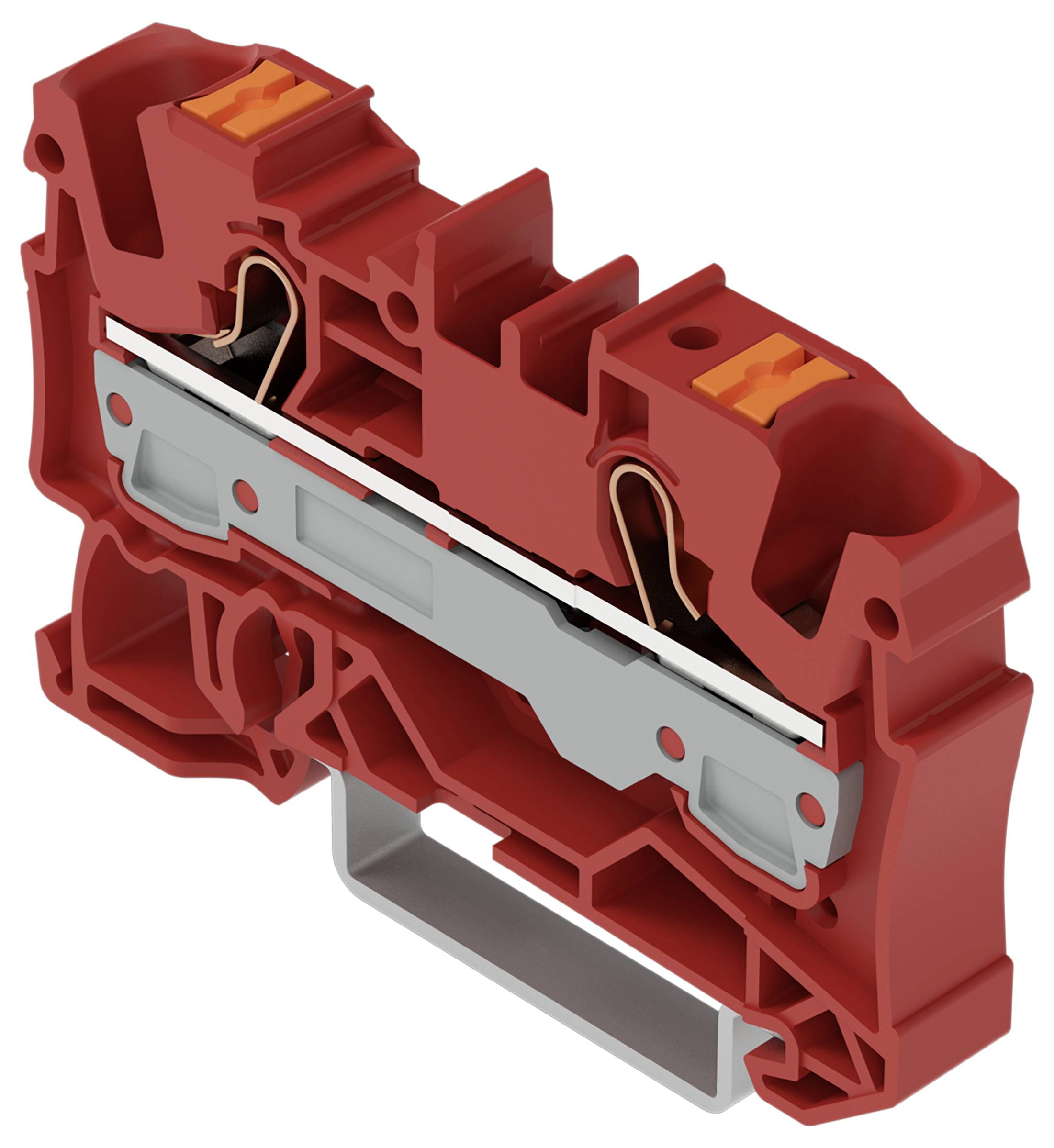 Un bloc de bornes électriques rouge avec des connecteurs métalliques visibles et des clips orange, conçu pour fixer les fils électriques.