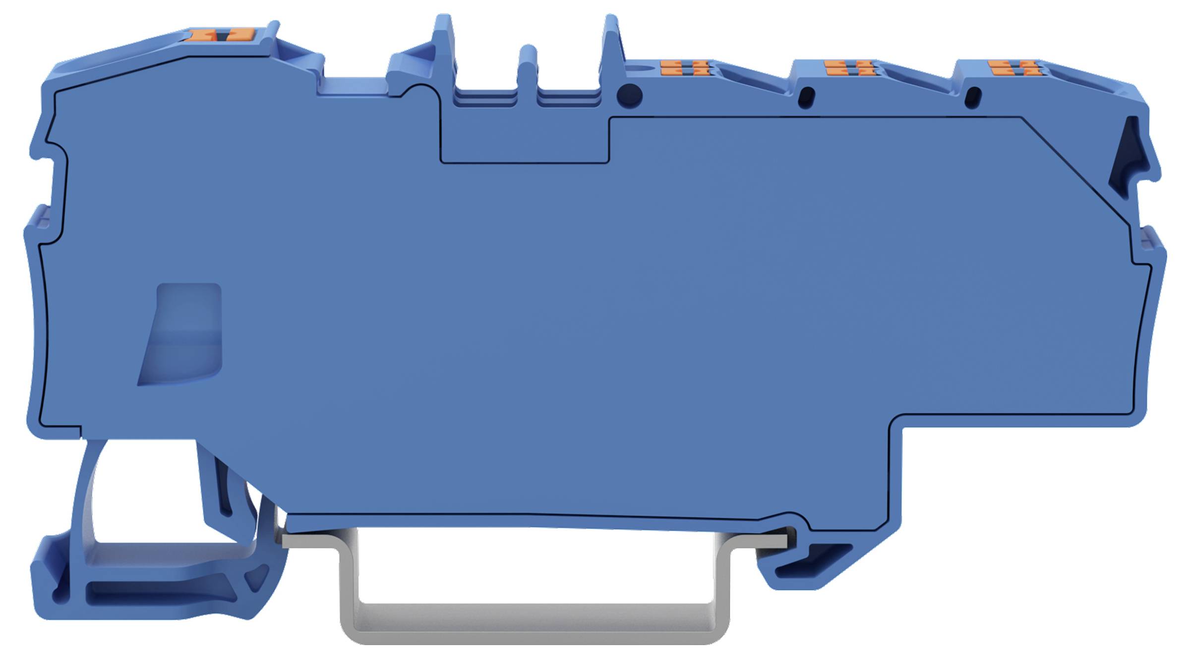 Composant industriel bleu avec montage sur rail, présentant plusieurs connecteurs orange sur le dessus et un clip en bas.
