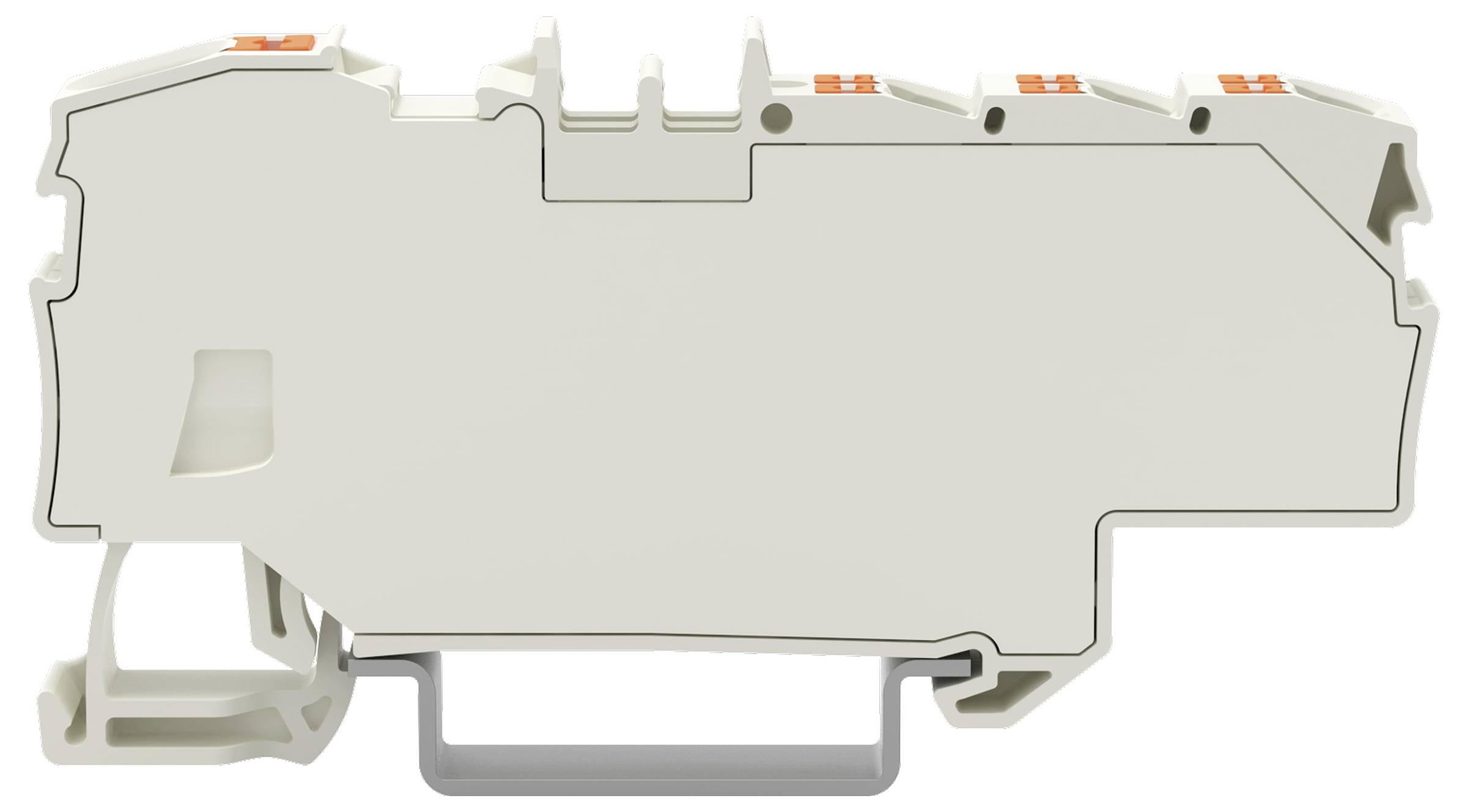 Un bloc de bornes électriques gris avec des leviers oranges, monté sur un rail DIN.