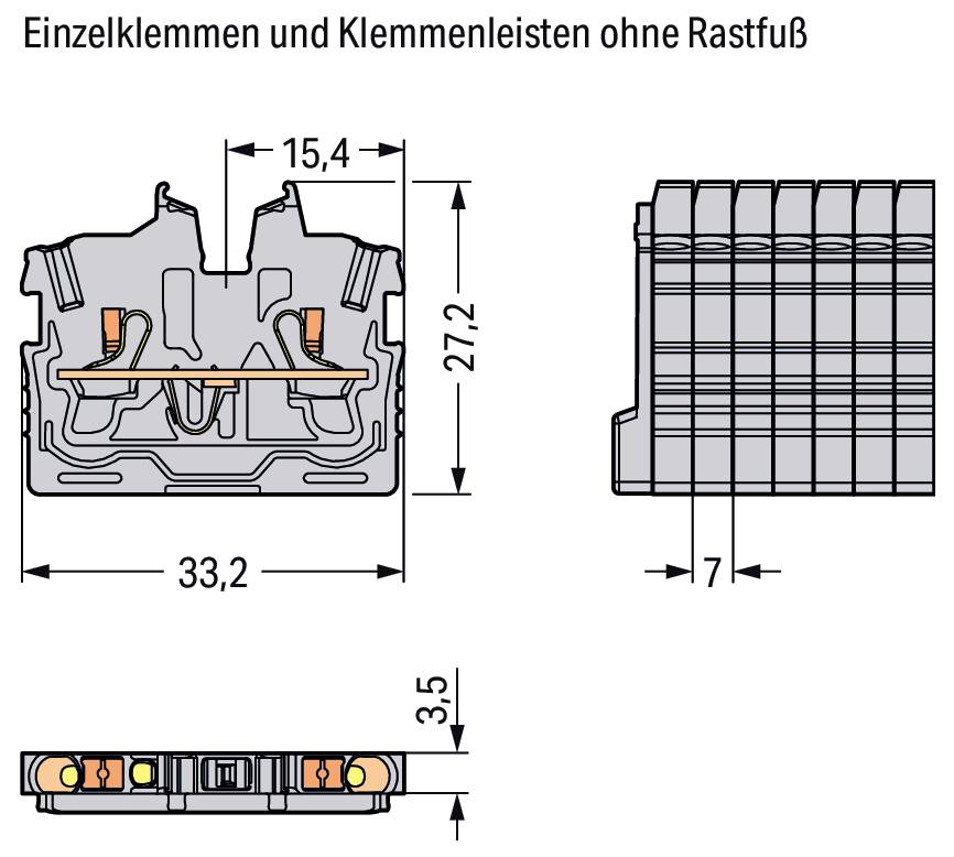 'Dessin d'un bloc terminal avec dimensions : largeur 33,2 mm, hauteur 27,2 mm, écartement 15,4 mm, profondeur 3,5 mm et largeur 7 mm sans loquet. Texte en allemand.'