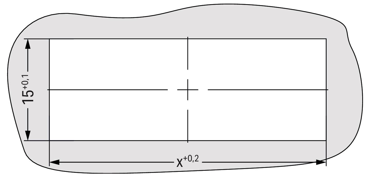 Une forme rectangulaire avec des dimensions : 15 (+0,1) pour la hauteur et X (+0,2) pour la largeur est mise en évidence par rapport à un fond irrégulier.