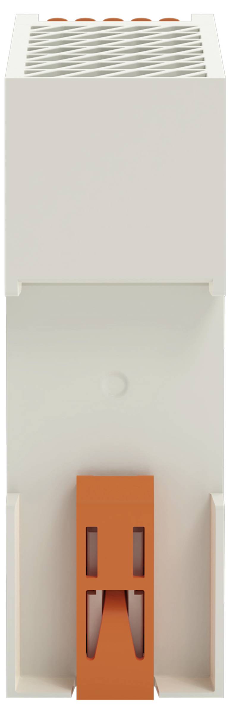 Un bloc de plastique blanc et orange avec des protubérances cylindriques sur le dessus, ressemblant à un bloc de construction ou un jouet.