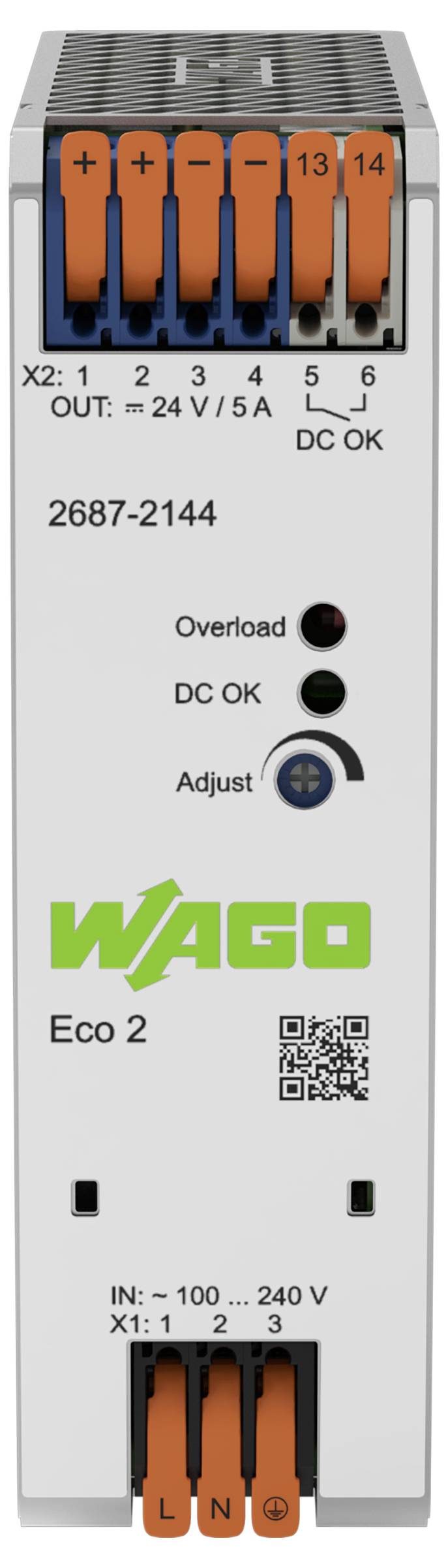 Un module d'alimentation avec des connecteurs bleus et orange, étiqueté « 2687-2144 », affiche des voyants d'état pour surcharge et CC. Indique « WAGO Eco 2 ».