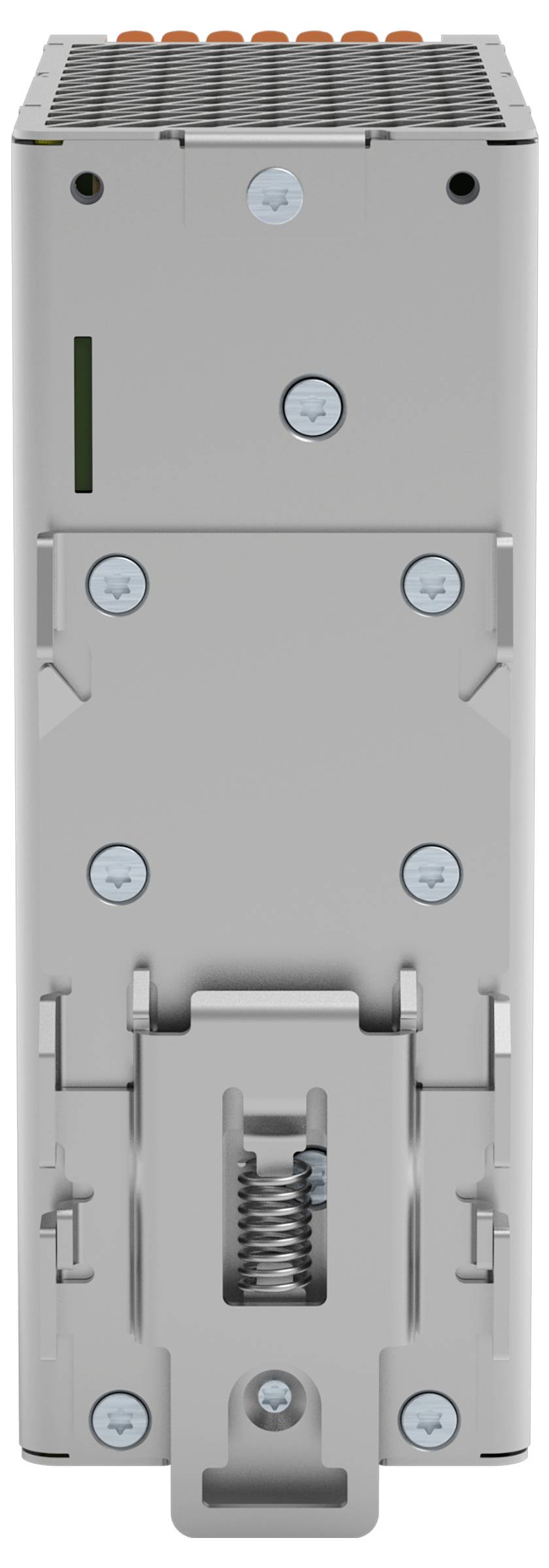 Une image rapprochée d'un bloc de bornes à levier trois positions de couleur orange utilisé pour connecter les fils électriques de manière sécurisée. Le bloc présente un corps en plastique gris.