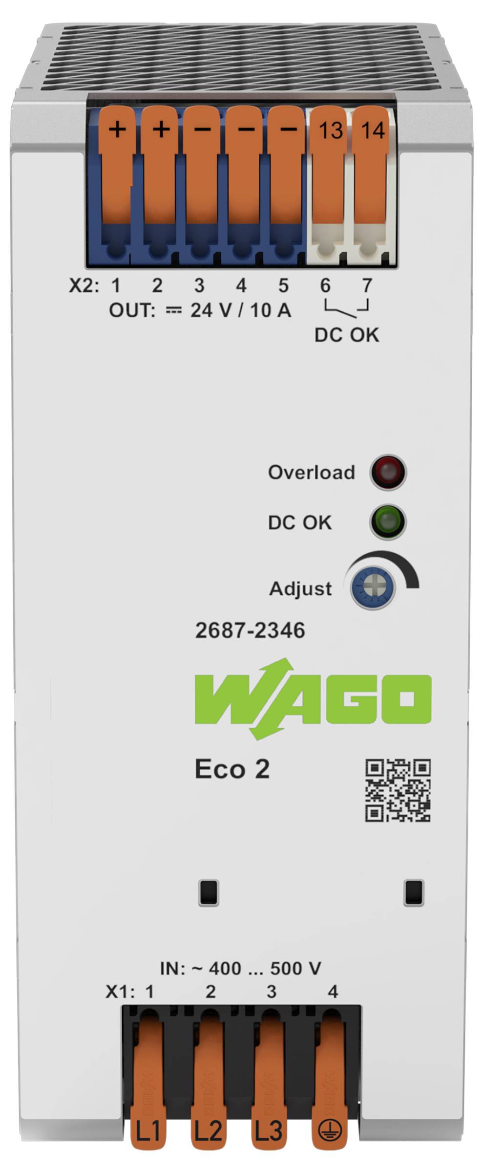 Alimentation WAGO Eco 2 avec entrée 400-500V, sortie 24V/10A, équipée d'indicateurs de surcharge et de DC OK, et possibilité d'ajustement.