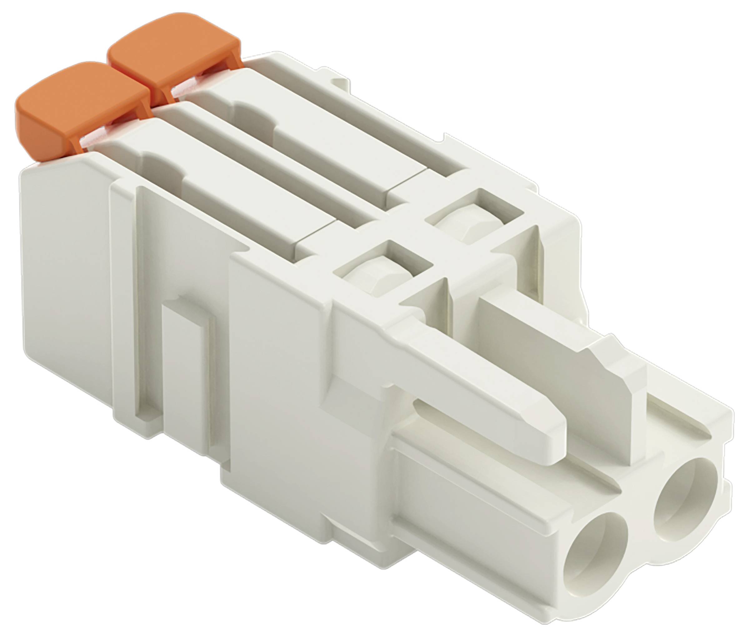 Un connecteur électrique blanc et orange à deux broches, montrant les détails du mécanisme de verrouillage et des points d'entrée des câbles.