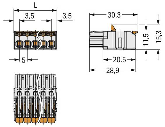Diagramme d'un connecteur électrique avec dimensions. Vue de dessus : longueur 30,3 mm, largeur 28,9 mm. Vue de côté : hauteur 15,3 mm, largeur 20,5 mm.