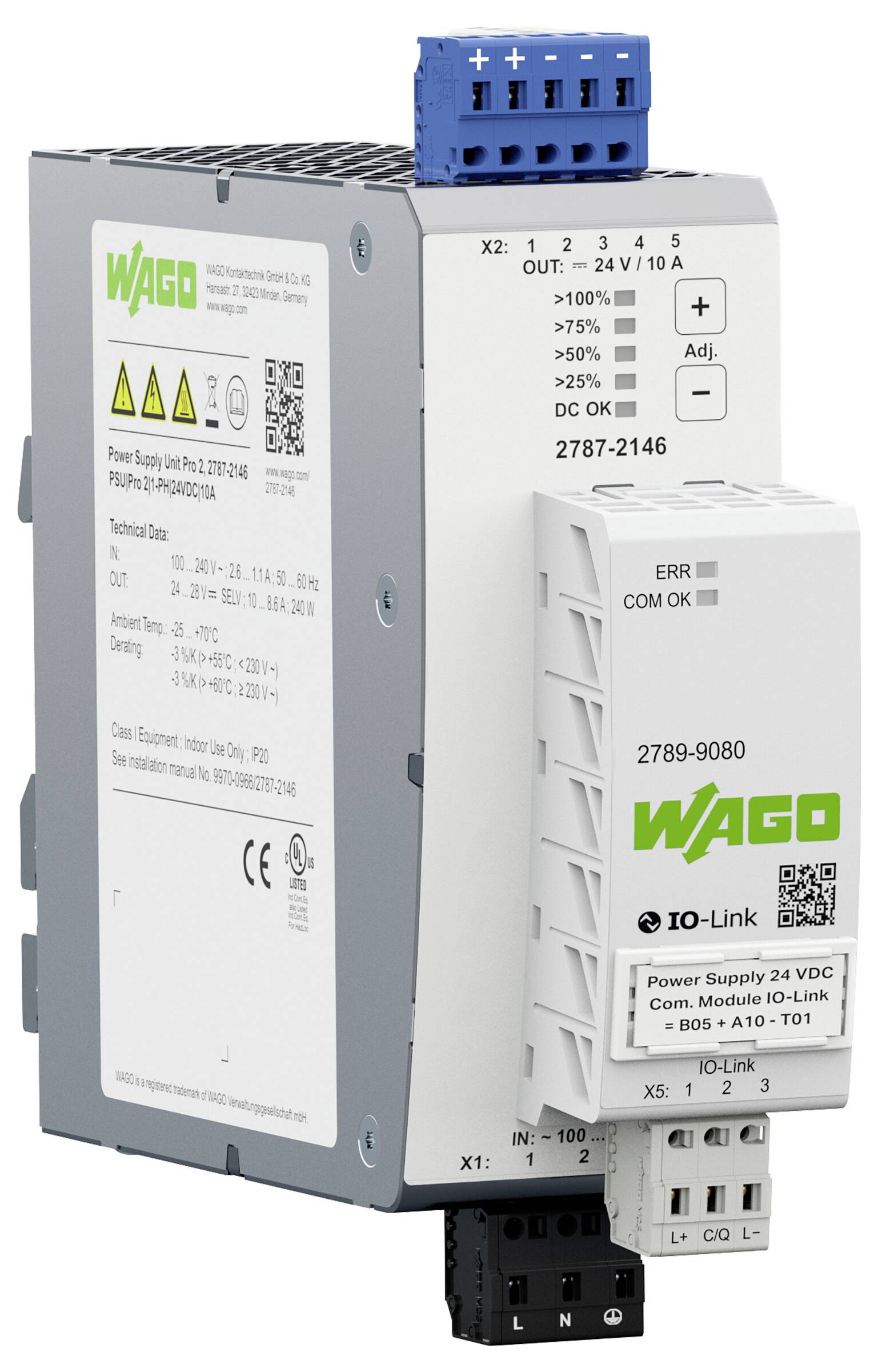 'Unité d'alimentation WAGO avec module IO-Link attaché, affichant les indicateurs d'état et les spécifications techniques sur l'étiquette.'