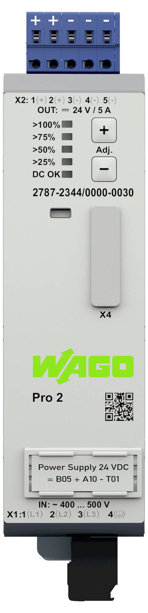 Unité d'alimentation « WAGO Pro 2 » avec indicateurs de niveaux de sortie, bouton de réglage et connecteurs d'entrée/sortie étiquetés pour 24 VCC.