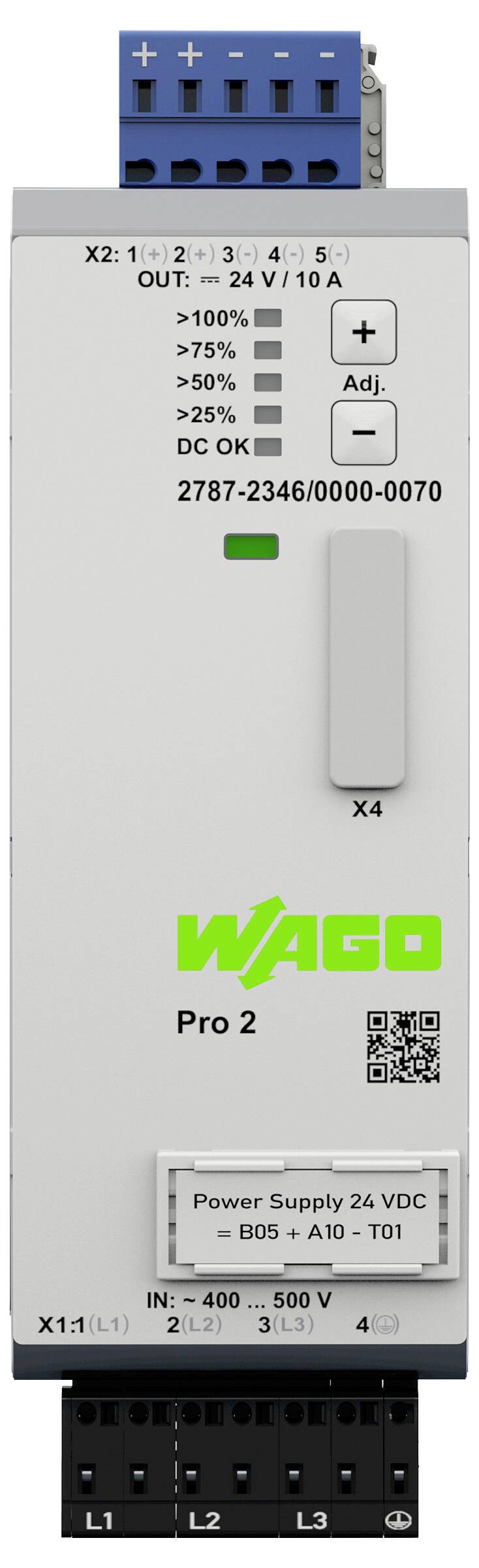 Appareil électrique avec le logo « WAGO », étiqueté « Pro 2 ». Affiche la plage d'entrée « IN : 400 - 500 V » et la sortie « OUT : 24 V / 10 A ». Code QR présent.
