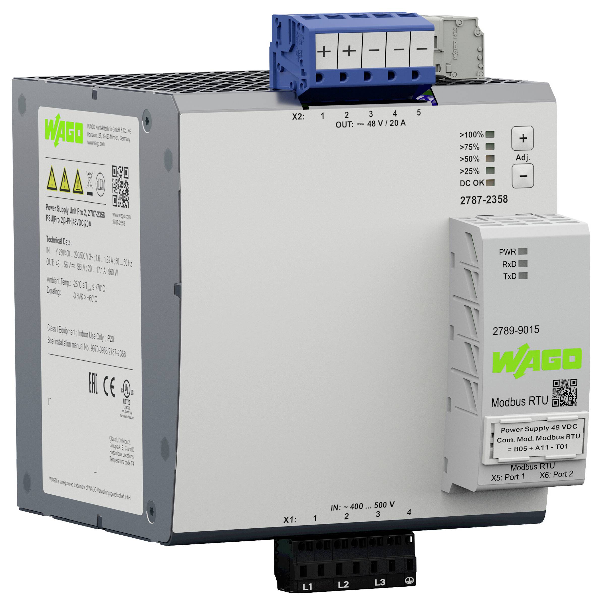 Module d'alimentation de marque « WAGO » avec Modbus RTU attaché, affichant les étiquettes, ports et spécifications pour la connectivité électrique.