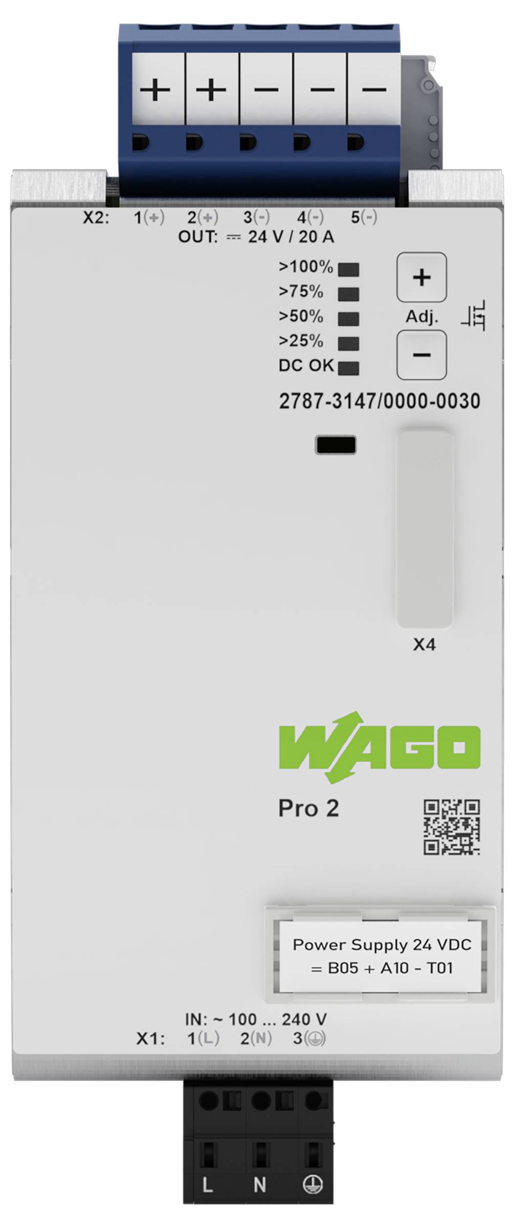 'WAGO Pro 2 : Alimentation 24 VDC, modèle 2787-3147/0000-0030, affiche des indicateurs d'état pour le niveau de sortie et DC OK.'