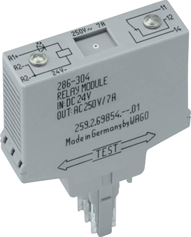 Module relais avec « Entrée : CC 24V Sortie : CA 250V/7A », marqué « Fabriqué en Allemagne par WAGO », équipé d'un bouton de test sur le dessus.