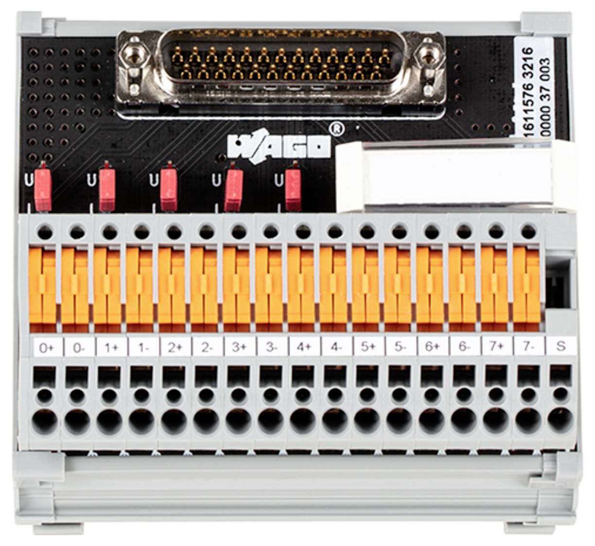 Connecteur « WAGO » avec plusieurs bornes orange et grises pour le câblage, présentant des ports étiquetés pour les connexions électriques.