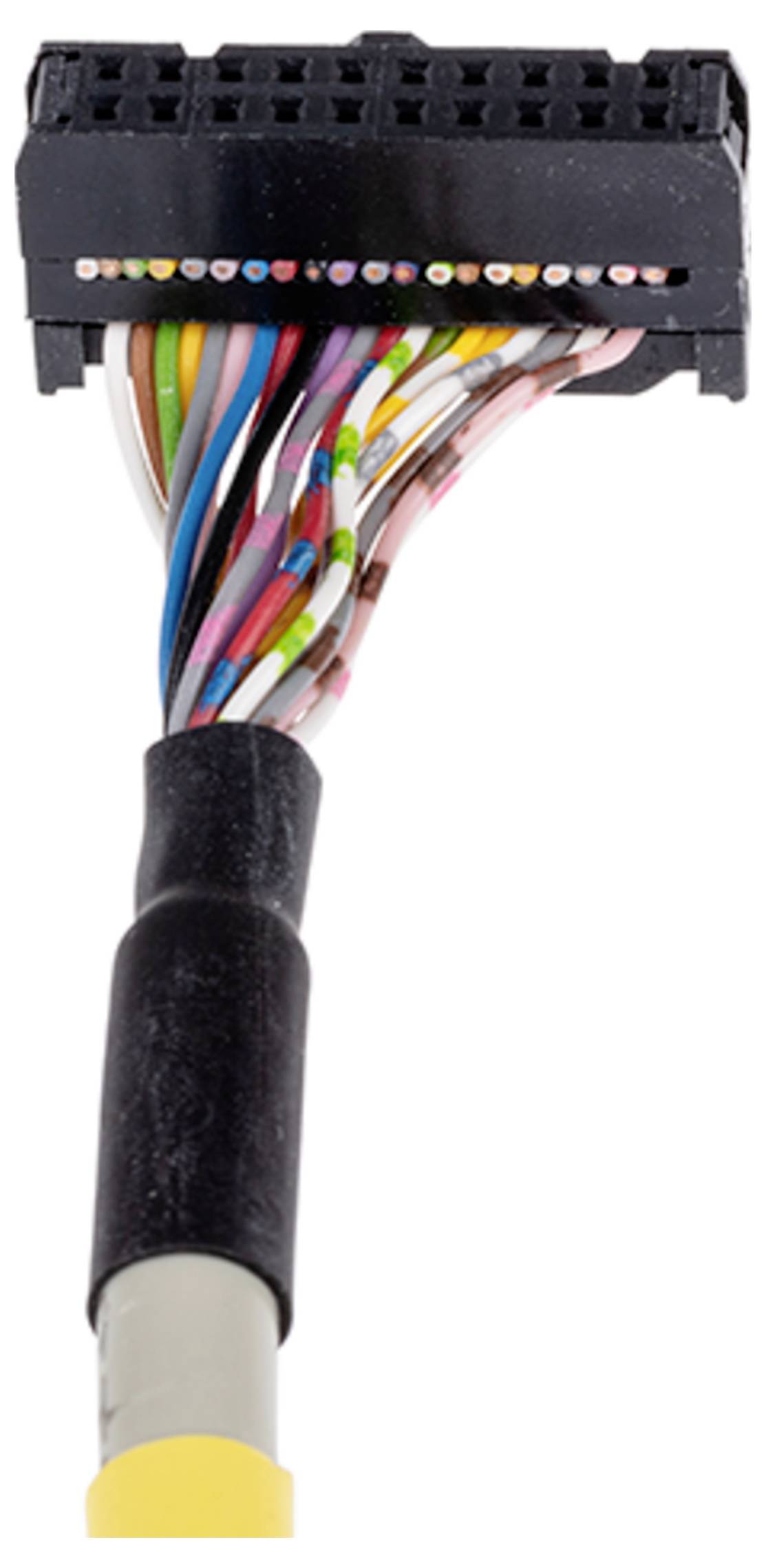 Un faisceau de câbles électriques isolés multicolores connecté à un connecteur de boîtier à broches rectangulaire noir, souvent utilisé dans les contextes électroniques ou automobiles.